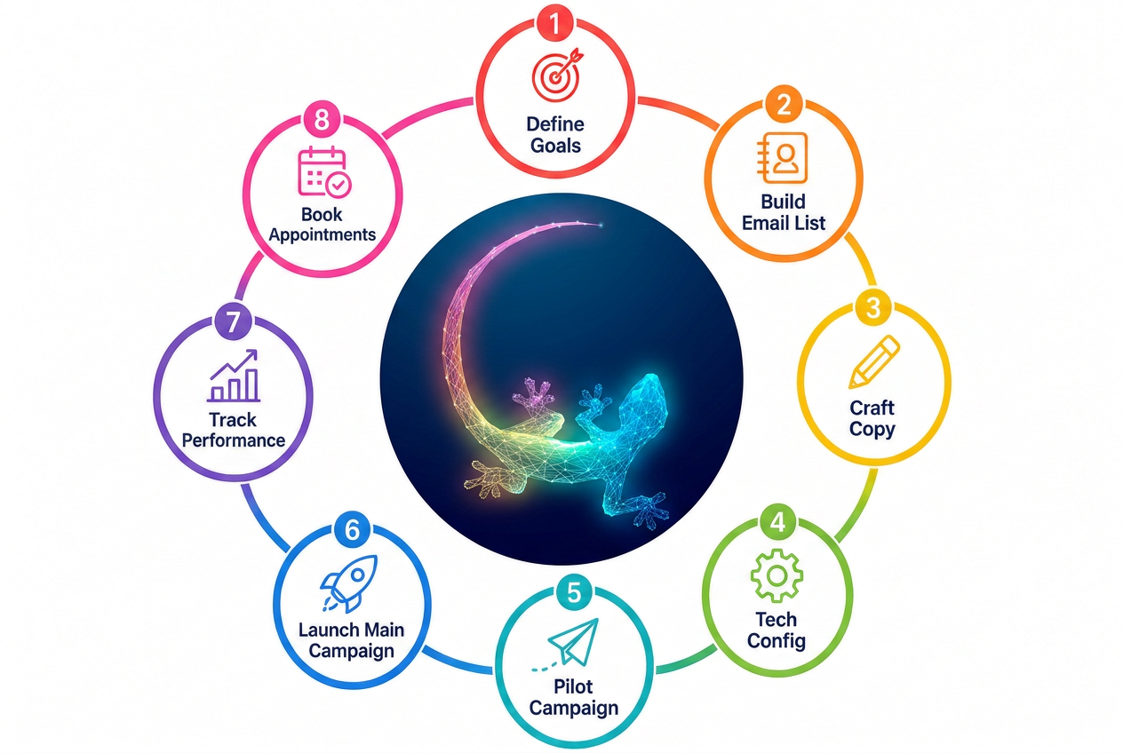 The GenR8Sales client journey from defining the target audience through launching and nurturing qualified leads